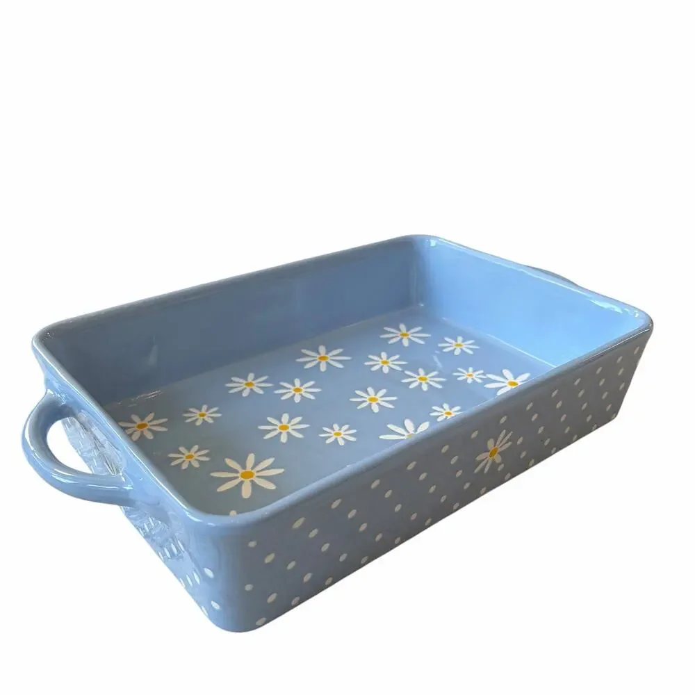10 Strawberry Street Daisy Rectangular Baker 12x8 Blue Polka Dot NEW